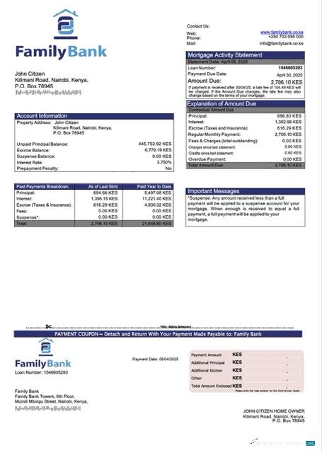 Download Kenya Family Bank mortgage statement Word and PDF template Photoshop template